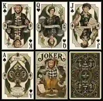 Old Vic Ziggy playing-card studies with King, Queen, Jack, Ace, Joker and card back