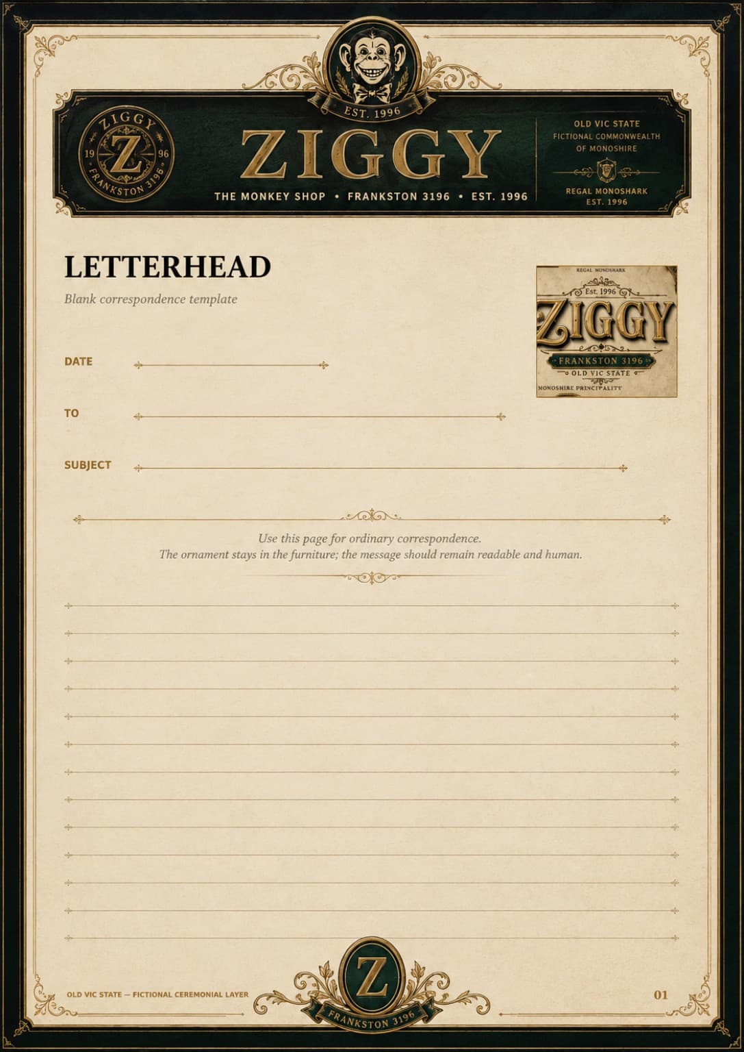 Ornate cream and bottle-green Ziggy letterhead with date, recipient, subject and ruled writing fields