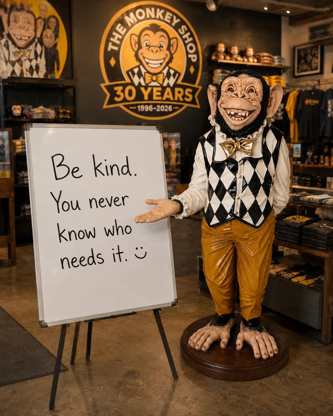 The full-size Ziggy statue standing beside a whiteboard on an easel in an illustrated shop setting, one hand open toward the board.